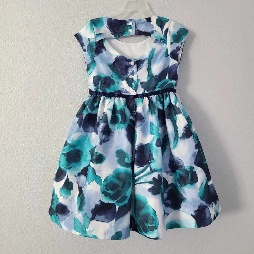 Gymboree Dressed Up Watercolor blue and teal floral party dress girls size 5